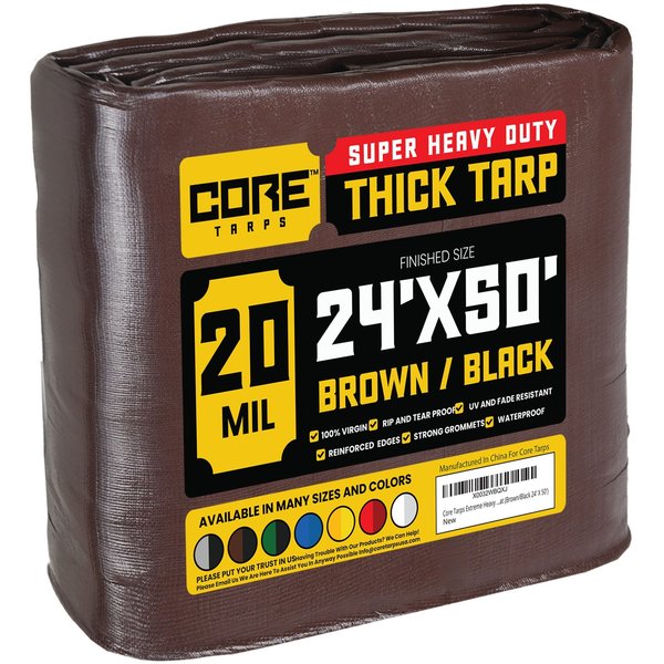 Core Tarps 50 ft L x 0.5 mm H x 24 ft W Heavy Duty 20 Mil Tarp, Brown/Black, Polyethylene CT-702-24X50